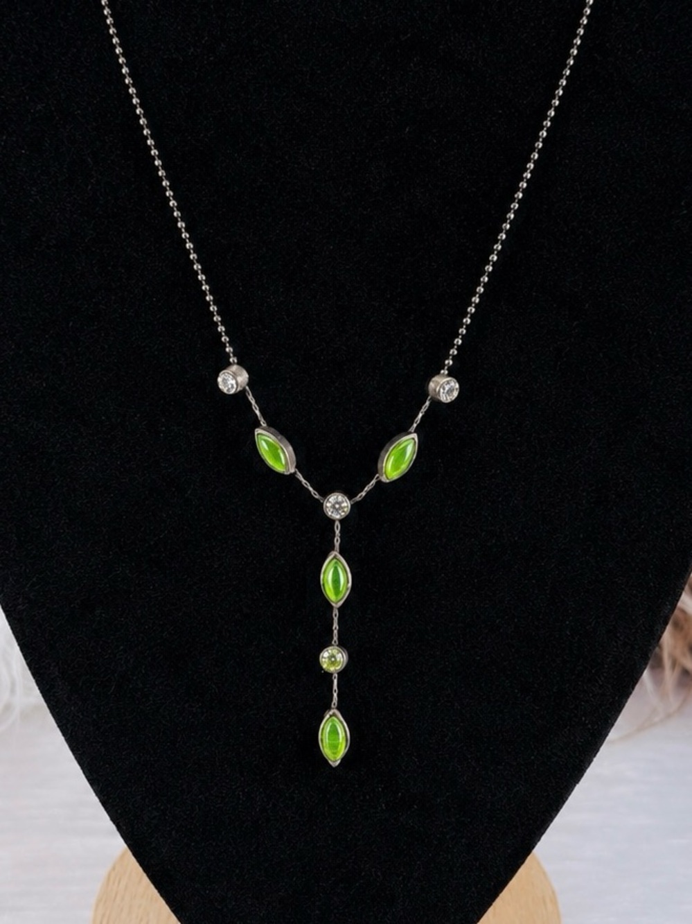 Vintage Aged Green Cat's Eye Rhinestone Y Drop Necklace